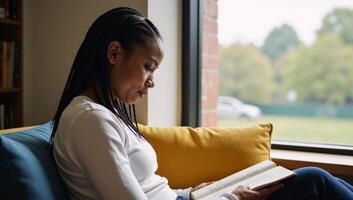 College Library A deep focus on a young AfricanAmerican female student engrossed by an open book as she sits in a sunlit corner photo
