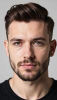 Closeup portrait of Caucasian bearded gay man wearing red lipstick with metrosexual aesthetic in a horizontal composition against an LGBTQ background photo