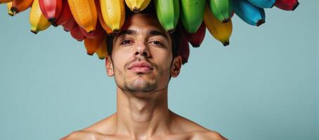 Rainbowcolored banana display showcasing a symbolic representation of gay love and pride set against a sensual mans face in the Tresome style photo