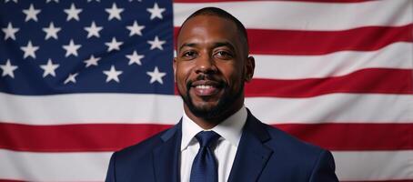 AfricanAmerican businessman in suit and tie before an American flag photo