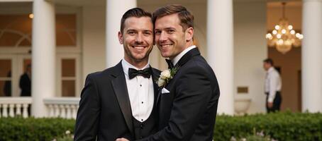 A joyous celebration of a gay couples nuptials on their wedding day photo