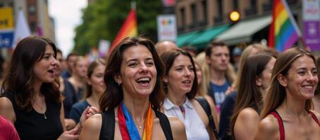 At a solidarity march participants display LGBTQ Gay Pride flags photo