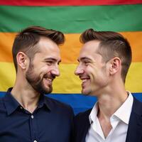 Two gay men lock eyes before the iconic Rainbow Flag photo