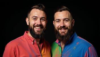 Black White portrait showcases a vibrant colorfully dressed gay couple posing playfully with paint on their faces against a stark black backdrop photo