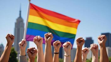 LGBTQ Solidarity Colorful Pride Protest with Rainbowthemed Fists and Diversity Celebration for Homosexual Rights during the Human Diversity Month Fighting for Equality photo