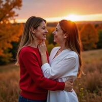 Mixed lesbian couple embracing tenderly during an autumn sunset romance in nature Stock Image photo