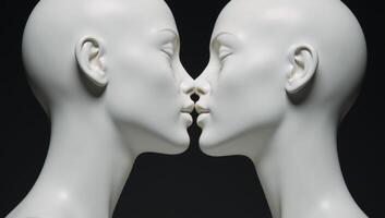 Intimate closeup two feminine mannequins sharing a gentle kiss in minimalist portrayal of romantic affection between women photo