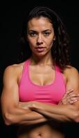 Closeup image of a fit determined athlete in pink sports bra showcasing defined muscles and curly hair photo
