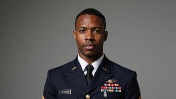 Angled portrait showcases resilient African American soldier in military uniform photo