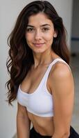 A determinedlooking woman with curly hair in sports bra photo