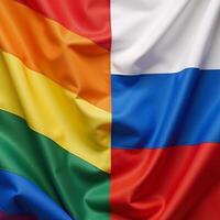 A silky texture rendition of the divided flags the Russian flag diagonally crossed by the rainbow pride flag photo