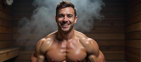In a steamy LGBTQ themed scene a content man is depicted enjoying a sauna session humanenhanced photo
