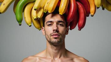 Rainbowcolored banana display showcasing a symbolic representation of gay love and pride set against a sensual mans face in the Tresome style photo