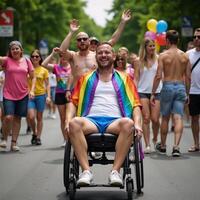 A man in a wheelchair joins the Gay Pride Parade donning a rainbow shirt amidst summer festivities and colorful decorations celebrating inclusion during Pride Month photo