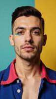 A bold portrait showcasing a confident gay man with creative makeup and vibrant colors photo
