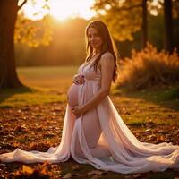 Glowlit pregnant woman amidst ethereal glowing foliage during twilight photo