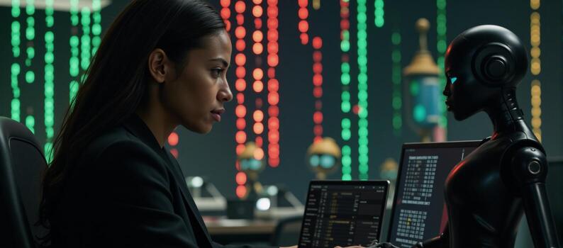Cybersecurity expert analyzing data threats Vibrant neonlit image featuring an African American woman and her robotic assistant in a cyber world with Matrixstyle codes and number rain photo