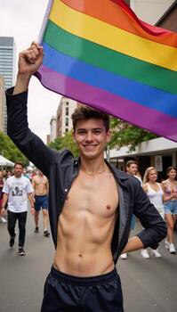 A portrait of a smiling LGBTQ individual nonbinary bi or homo with rainbow flag at Pride MarchParade on June 28 photo