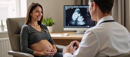 Pregnant woman meets with physician for consultation at comfortable clinic to discuss prenatal care and support photo