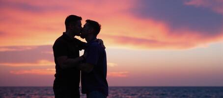 Two gay men share a heartfelt moment under synthwavecolored skies at dusk photo
