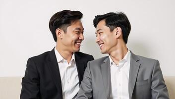 Tender portrait of an accepting united Asiangay couple smiling warmly photo
