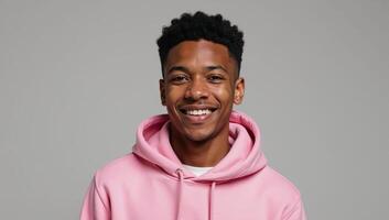 A stylish young AfricanAmerican man in a vibrant pink hoodie with a joyful demeanor photo