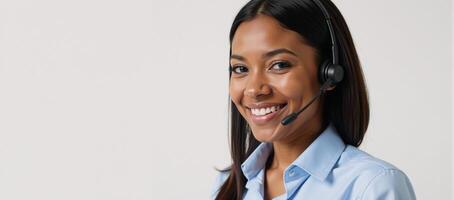 A friendly AfricanAmerican woman offers help via headset during customer service interaction photo