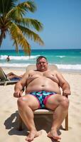 Obese man enjoying a summer vacation by sunbathing on the beach photo
