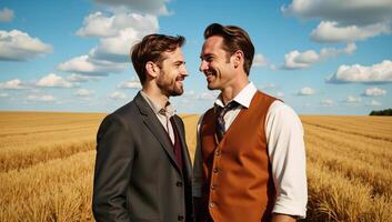 Two gay men in vintage attire lock gazes amidst a whirlwind of colorful strokes against a wheatfield backdrop and twisting skies photo