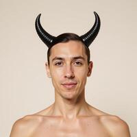 A portrait showcases an individual with distinct horns identified as part of the LGBTQ community photo