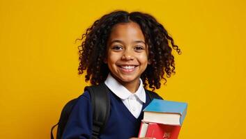A smiling African American schoolgirl in her school uniform carries books and a backpack against a sunny yellow backdrop photo