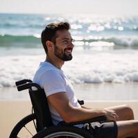 Smiling bearded man sunbathing in a wheelchair on a vibrant sundrenched beach with calm waves and shining sunlight realism warm tones gentle focus portraying serene beach life photo