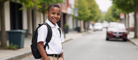 African American schoolboy smiling holding backpack happy boy portrait on urban street background created digitally Portrait of a joyful black schoolboy in a city setting photo