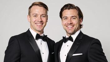 Two grooming muscular grooms one blonde the other brunette both sporting tuxedos smiles photo