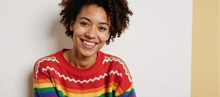 A humorous take on the holidays an eyecatching ugly Christmas sweater adorned with vibrant rainbows symbolizing LGBTQ pride photo