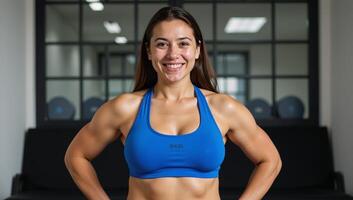 A beautiful woman with a fuller figure is posed confidently in a gym setting wearing a blue sports bra photo