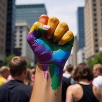 A powerful protest for LGBTQ rights depicted as an oil painting featuring a raised fist with a rainbowcolored Pride flag background and symbols of human diversity unity and female empowerment photo