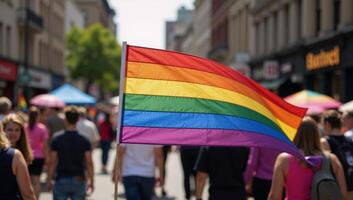 A vibrant rainbow flag with gradient colors symbolizes LGBTQ pride and unity at a diverse festive parade celebrating the LGBT communitys equality and acceptance photo