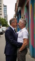 A stylish middleaged white gay couple sharing an intimate moment of affection perfect for capturing a romantic Instgrammable image photo