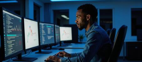 AI Cybersecurity Threat A black African American male IT specialist analyzing data and privacy leaks due to an ARpowered AI breach photo