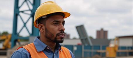 A Black African American laborer wearing a safety helmet works on a busy construction site during Labor Day photo