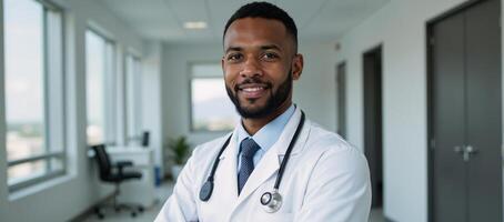 Confident Black doctor stands in modern hospital setting with stethoscope photo