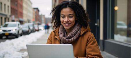 An African American woman sits outside with her laptop during the day capturing a cinematic moment as she works against a backdrop of urban landscapes using a shallow depthoffield technique and photo