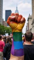 A powerful protest for LGBTQ rights depicted as an oil painting featuring a raised fist with a rainbowcolored Pride flag background and symbols of human diversity unity and female empowerment photo