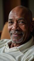 Dignified AfricanAmerican elder finds comfort at home wise expression reflects lifetimes of knowledge photo