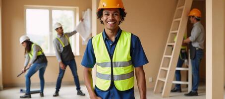 Construction worker hard hat safety vest dynamic assembly of houses in progress photo