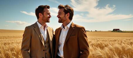 Two gay men in vintage attire lock gazes amidst a whirlwind of colorful strokes against a wheatfield backdrop and twisting skies photo
