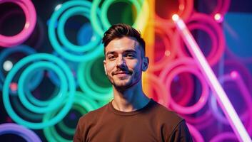 A vibrant LGBTQ pridethemed space design with an interwoven abstract rainbow backdrop featuring a colorful gradient and neon elements photo