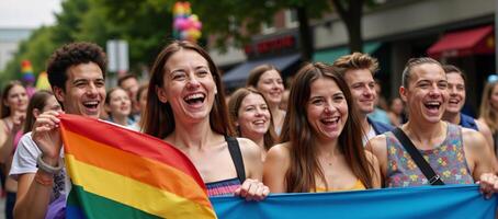 A joyful celebration featuring diverse members of the LGBTQ community waving the iconic rainbow flag during a vibrant pride parade photo