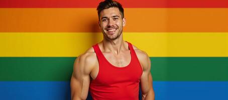 Strong musclebound gay fitness enthusiast poses happily against rainbow backdrop photo